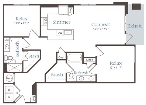 Floor plan for 2 beds, 2 baths, 1130 sqft